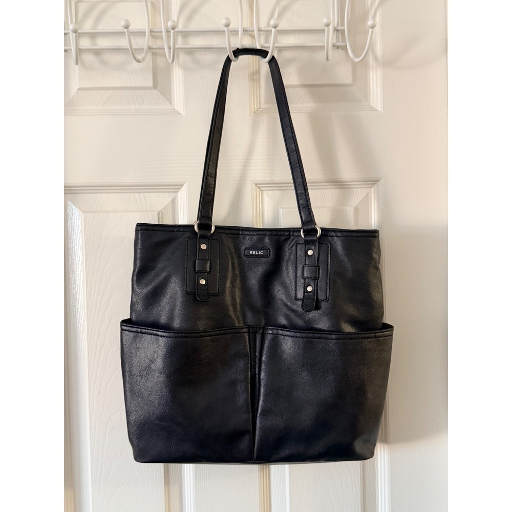 Relic Black Faux Leather Tote Bag Shoulder Purse with Front‎ Pockets